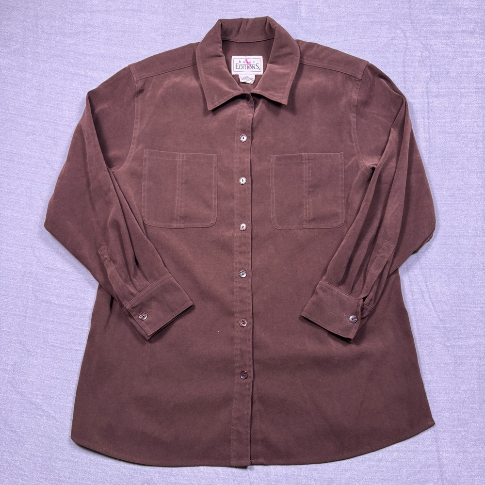 Basic Editions Long Sleeve Button Up Shirt Jacket Womens L Chocolate Brown Poly
